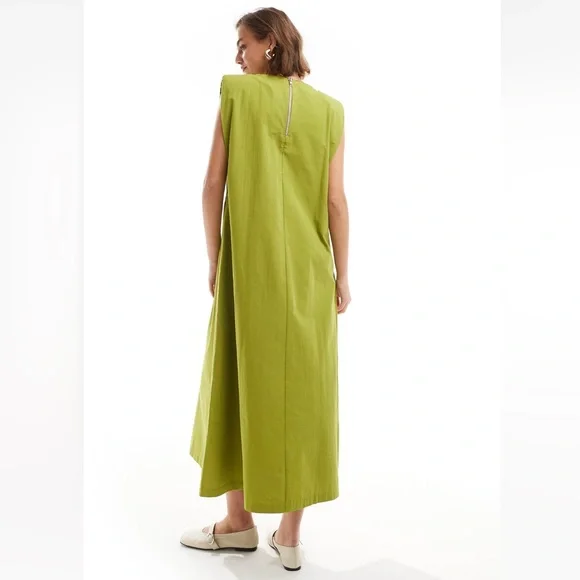 ASOS cotton midi dress with shoulder pads in olive green - Sz 6 - Picture 3 of 4